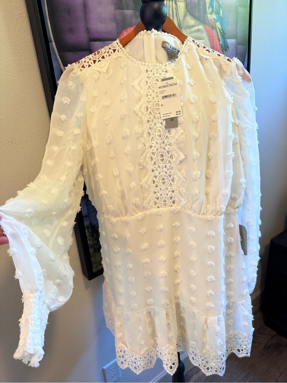 Nordstrom White Lace & Swiss Dot Long-Sleeve Mini Dress